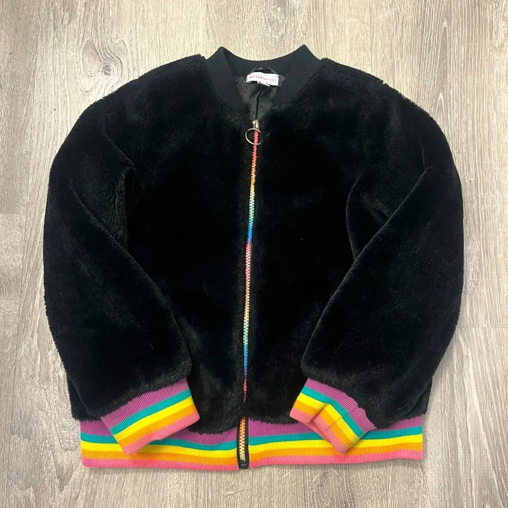 Girl's Design History Faux Fur Black/Rainbow Full Zip Jacket- Size M-‎ Pre-owned
